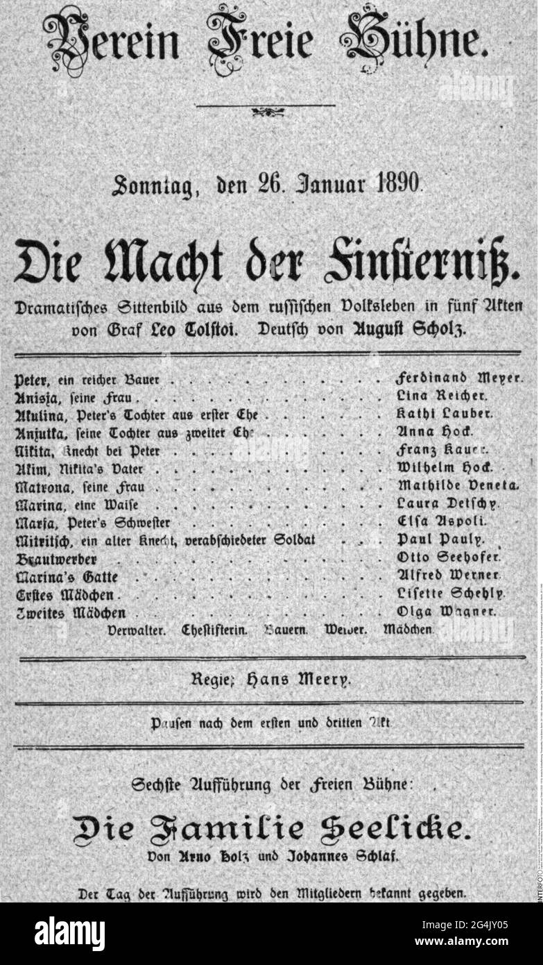 théâtre / théâtre, pièce, "le pouvoir des Ténèbres", par Leo Tolstoy (1828 - 1910), première nuit allemande, LE DROIT D'AUTEUR DE L'ARTISTE N'A PAS À ÊTRE AUTORISÉ Banque D'Images