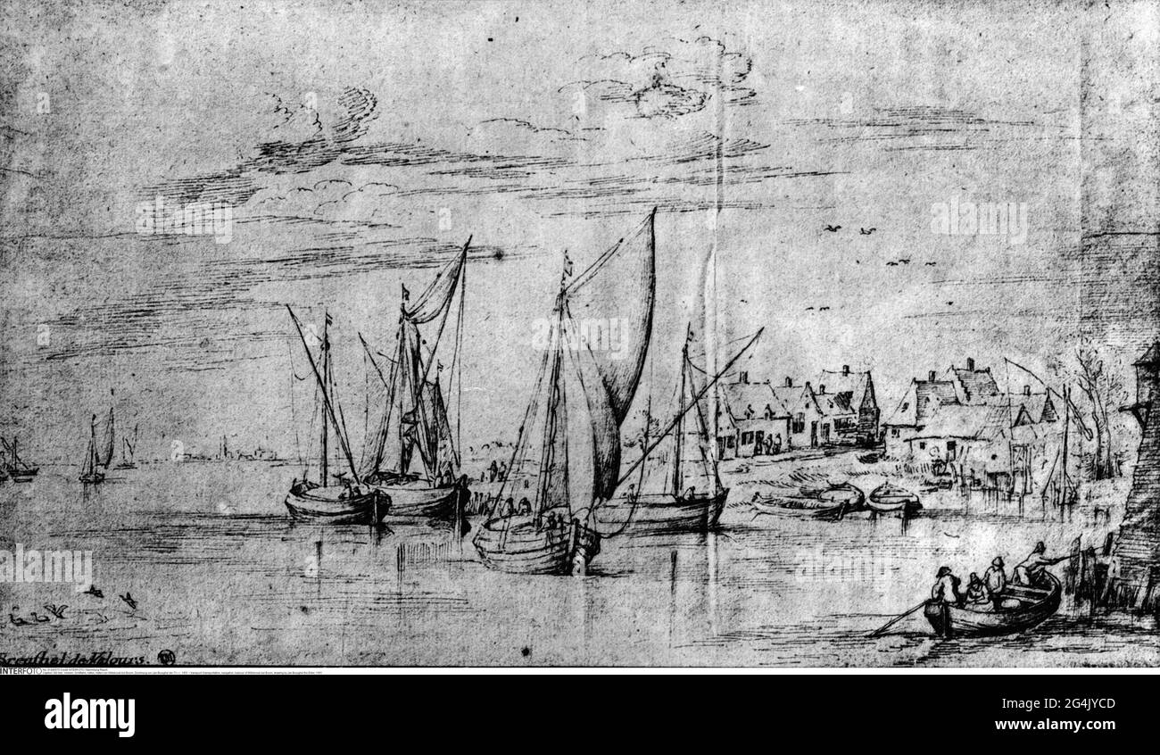 Transport / transport, navigation, port de Willebroek BEI Boom, dessin par Jan Brueghel l'aîné, LE DROIT D'AUTEUR DE L'ARTISTE NE DOIT PAS ÊTRE AUTORISÉ Banque D'Images