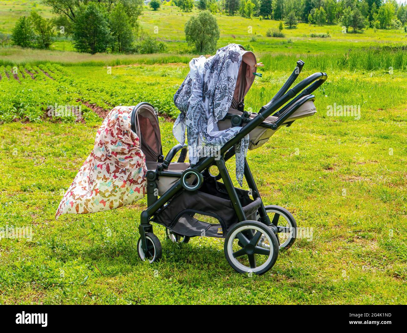 Poussette Double Pour Jumeaux Sur Un Pre Vert Porte Bebe Les Enfants Sont Jumeaux Marchez Avec Les Enfants Dans La Nature Produits Pour Enfants Un Vehicule Pour Les Photo Stock Alamy