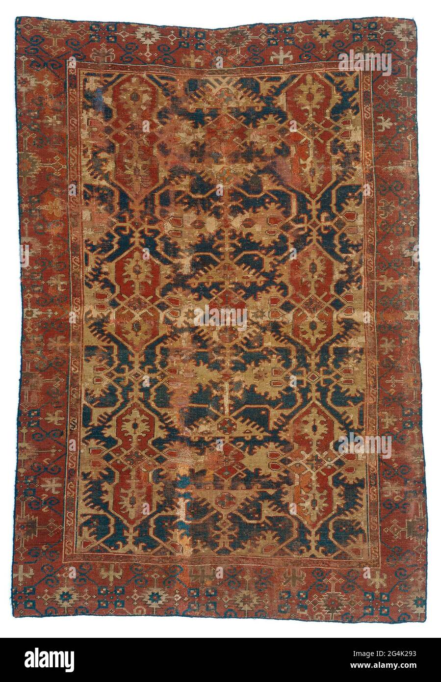 Tapis oriental, tapis arabe, tapis de loterie. Milieu de terrain avec  arabesken jaune flûte sur un sol bleu cobalt. Bord double, le plus large  avec des lignes d'avance qui se coupent.