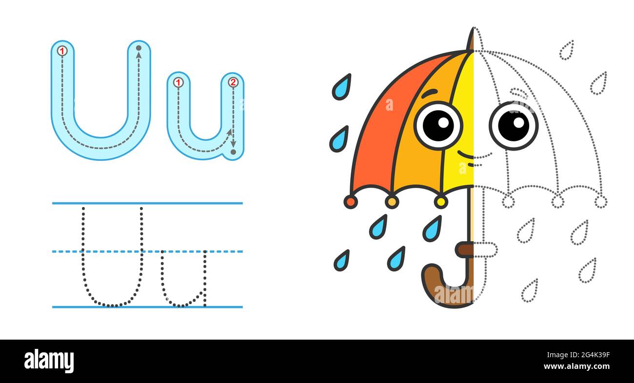 Tracez la lettre et l'image et coloriez-la. Jeu éducatif de traçage d'enfants. Alphabet de coloration. Lettre U et parapluie drôle Illustration de Vecteur