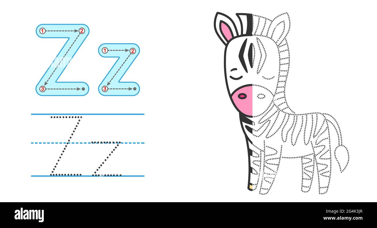 Tracez la lettre et l'image et coloriez-la. Jeu éducatif de traçage d'enfants. Alphabet de coloration. Lettre Z et drôle Zebra Illustration de Vecteur