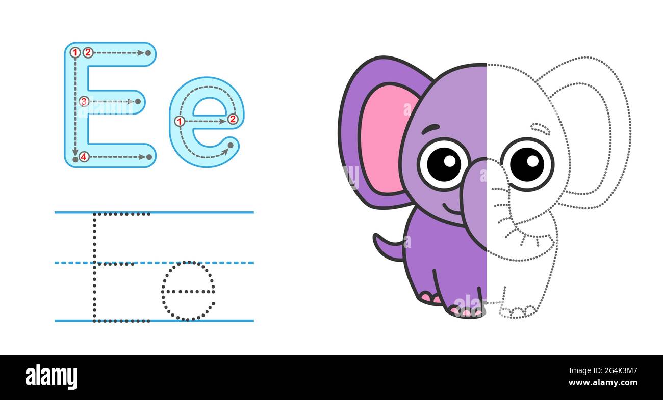 Tracez la lettre et l'image et coloriez-la. Jeu éducatif de traçage d'enfants. Alphabet de coloration. Lettre E et éléphant drôle Illustration de Vecteur