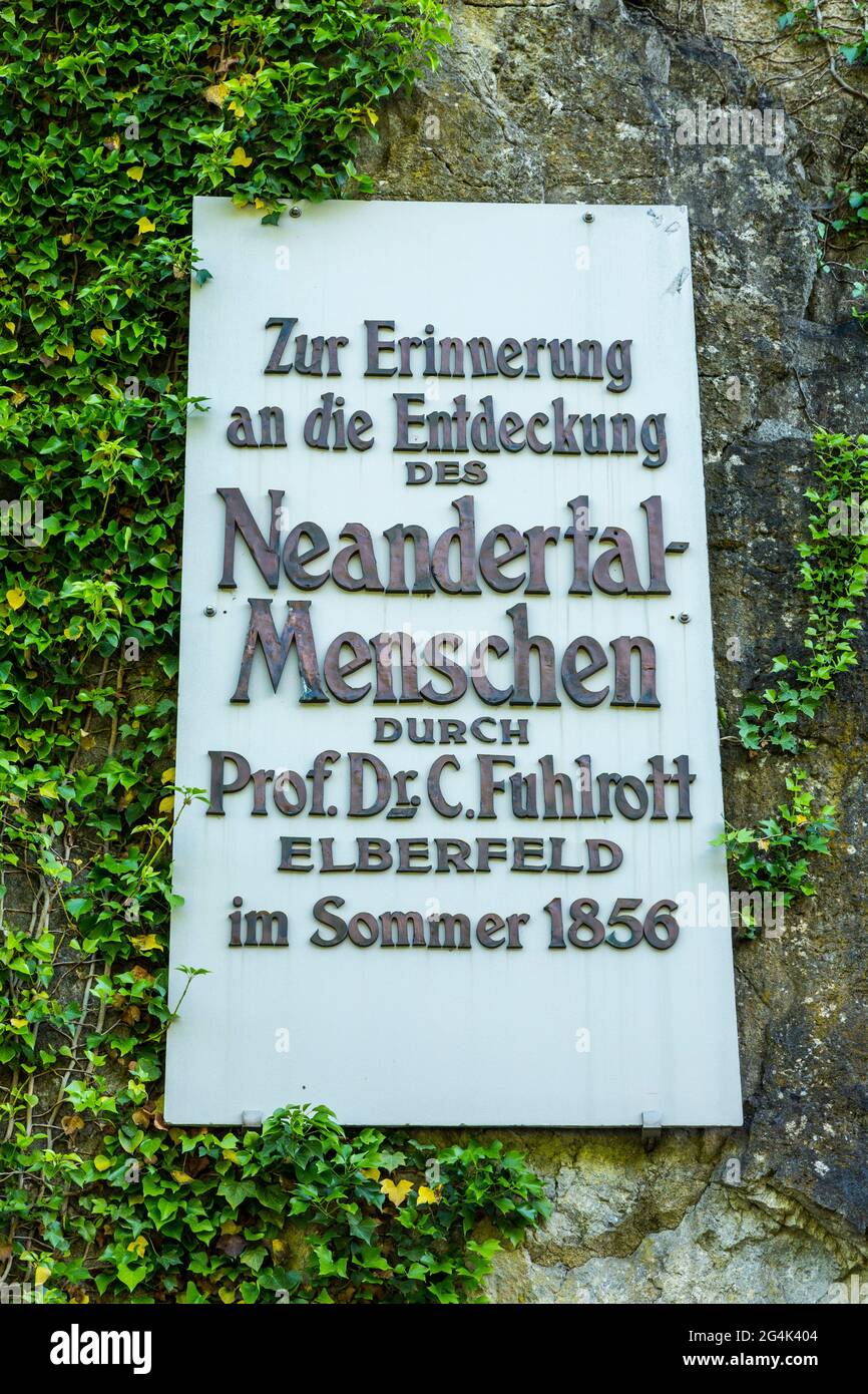 Allemagne, Erkrath, Bergisches Land, Niederbergisches Land, Niederberg, Rhénanie-du-Nord-Westphalie, NRW, histoire humaine, fouilles, Site archéologique Neandertal, Rabenstein Rock à l'entrée de la provenance Feldhof Grotto où les restes humains de l'homme Néandertal Homo sapiens neanderthalensis ont été trouvés, plaque de souvenir à Johann Carl Fuhlrott Banque D'Images