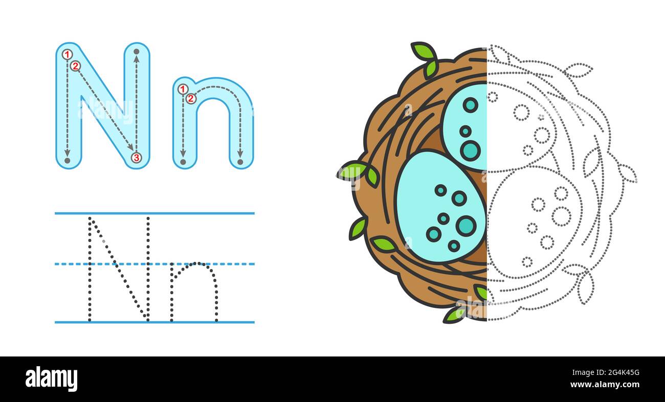 Tracez la lettre et l'image et coloriez-la. Jeu éducatif de traçage d'enfants. Alphabet de coloration. Lettre N et Nest avec œufs Illustration de Vecteur