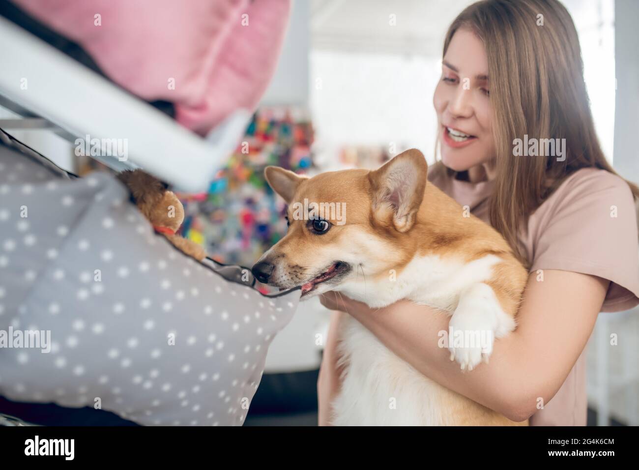 Une fille souriante choisissant des accessoires pour animaux dans une boutique d'animaux de compagnie Banque D'Images