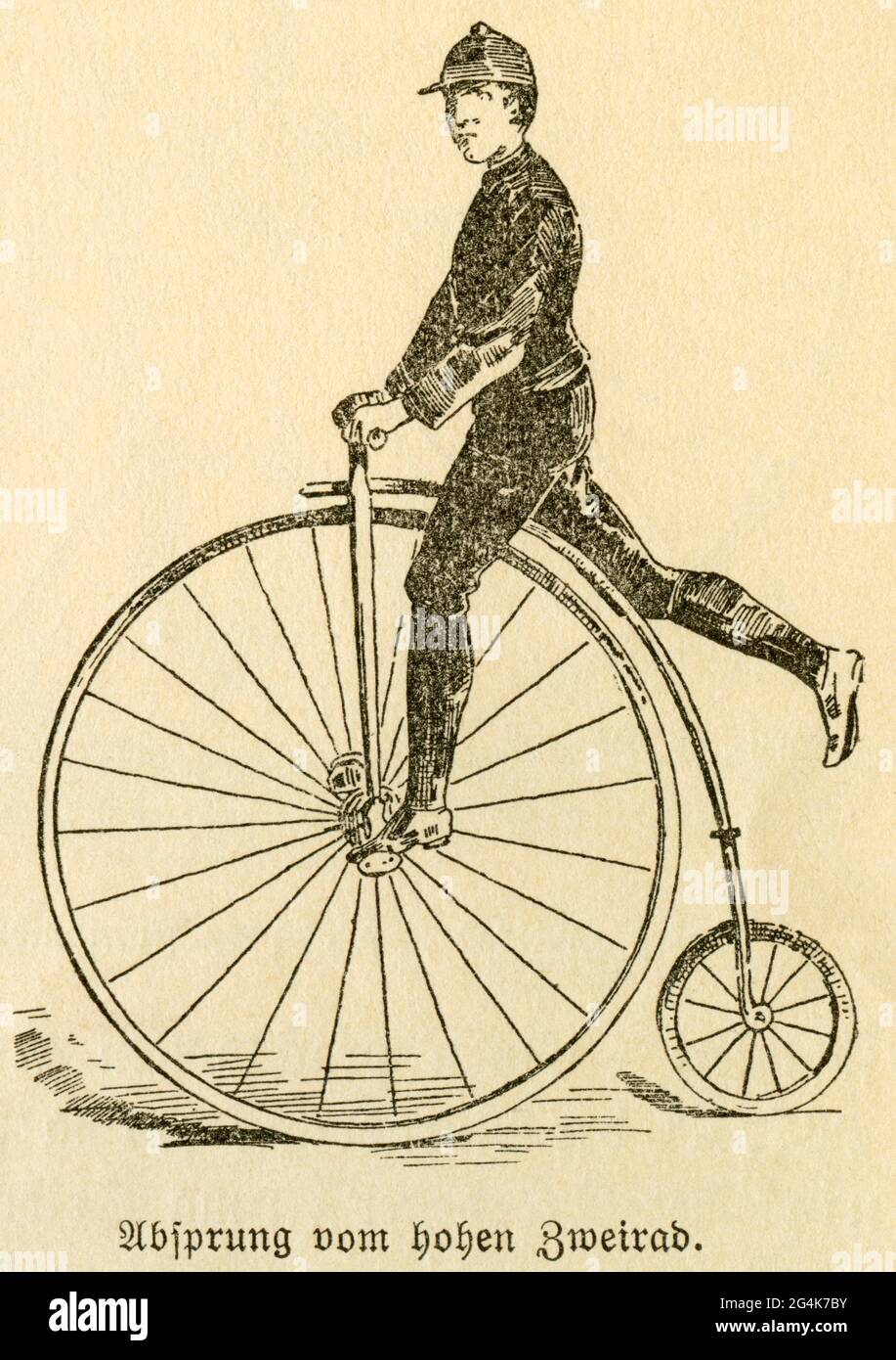 Allemagne, histoire des bicyclettes, texte original: 'Absprung vom Hochrad' (descendre de l'ordinaire), DROITS-SUPPLÉMENTAIRES-AUTORISATION-INFO-NON-DISPONIBLE Banque D'Images