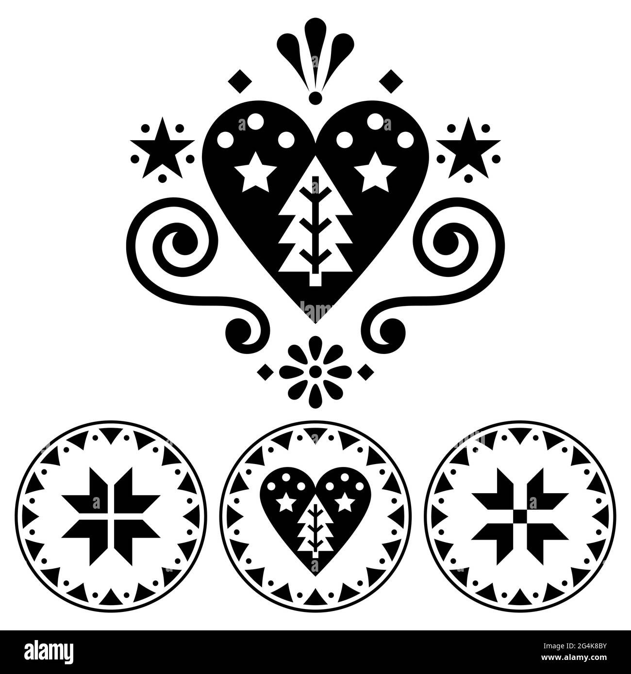 Noël scandinave folk art vector design - noir et blanc collection de motifs simples avec coeurs, fleurs, flocons de neige et arbres de Noël Illustration de Vecteur