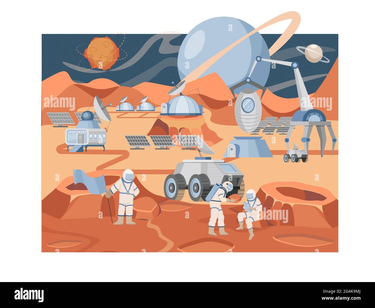 Illustration plate du vecteur de mission de colonisation Mars. Groupe d'astronautes et de scientifiques explorant la surface de la planète. Véhicules de recherche et véhicules robotisés. Concept d'exploration spatiale. Illustration de Vecteur