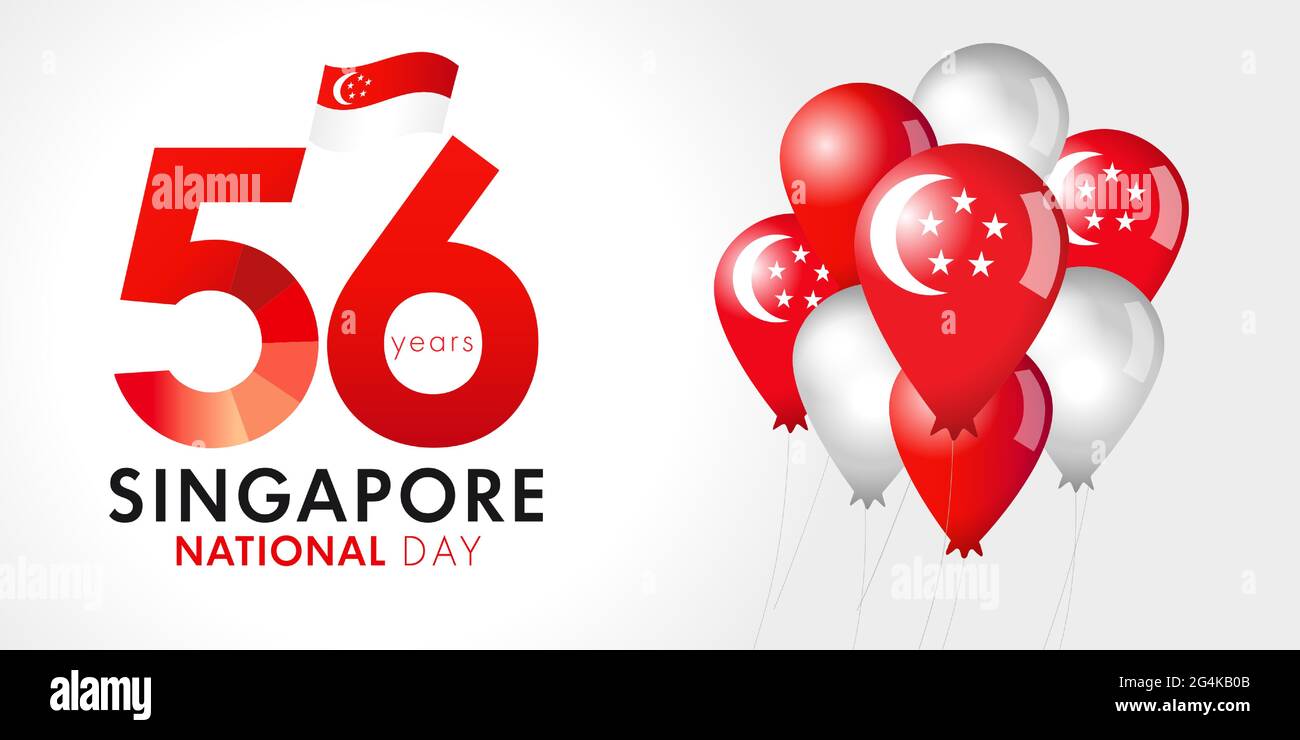 Anniversaire de 56 ans Journée nationale de Singapour avec texte, ballons et drapeaux. Joyeux jour de l'indépendance de Singapour le 9 août, Celebration republic Vector Illustration de Vecteur
