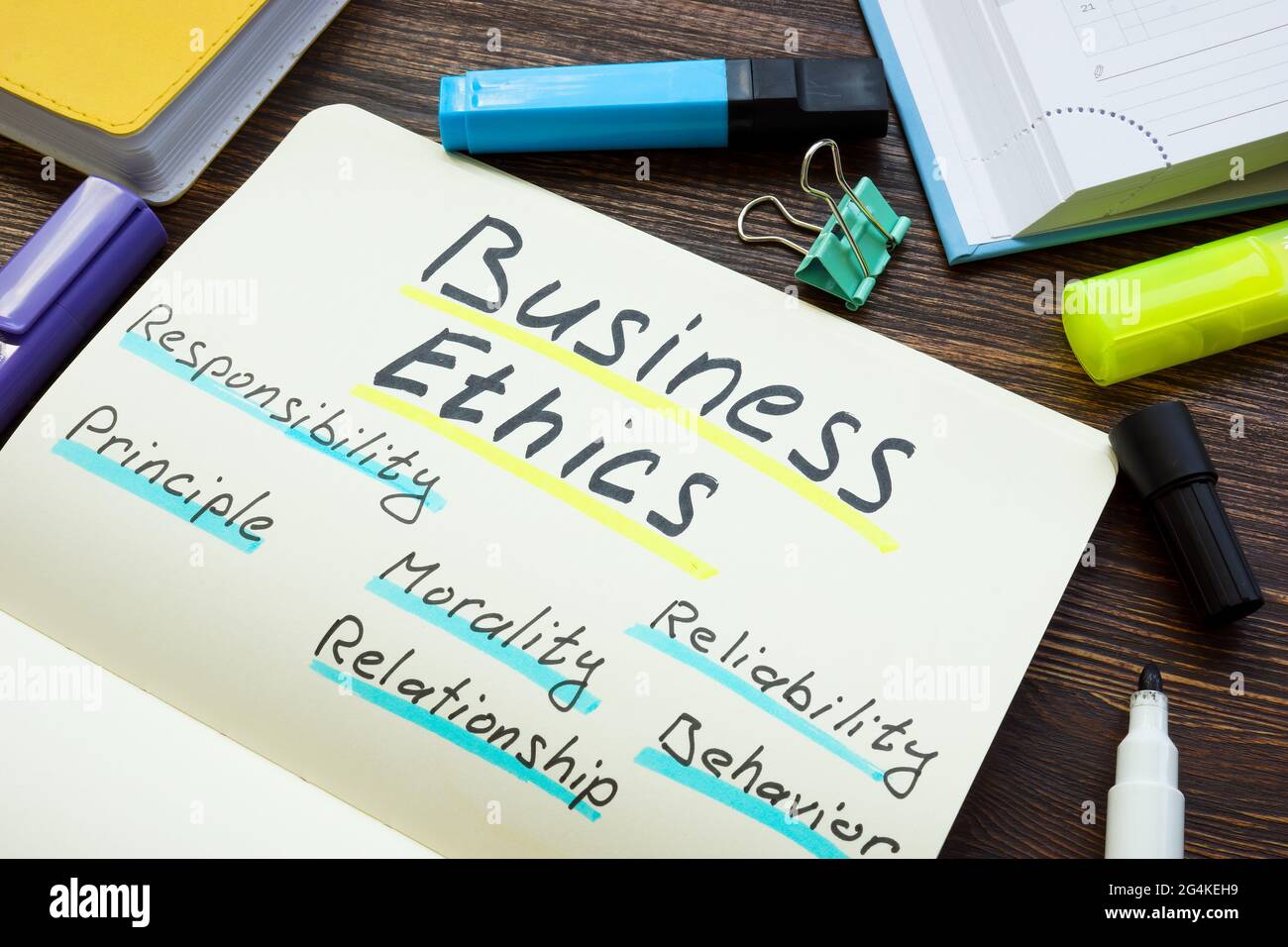 Liste des principes d'éthique commerciale sur la page. Banque D'Images