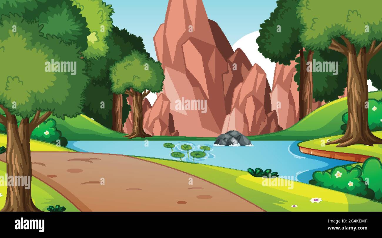 Scène de la nature avec ruisseau qui coule à travers l'illustration de la forêt Illustration de Vecteur