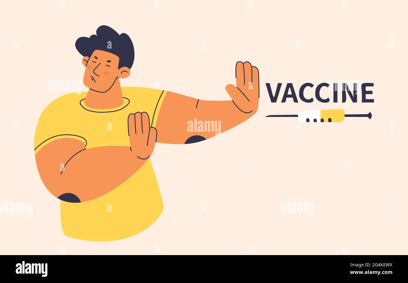 Le jeune homme pousse la seringue avec le vaccin en faisant un geste de ses mains. En colère, peur, l'homme refuse la médecine prophylactique. Manifestation contre la vaccination Illustration de Vecteur