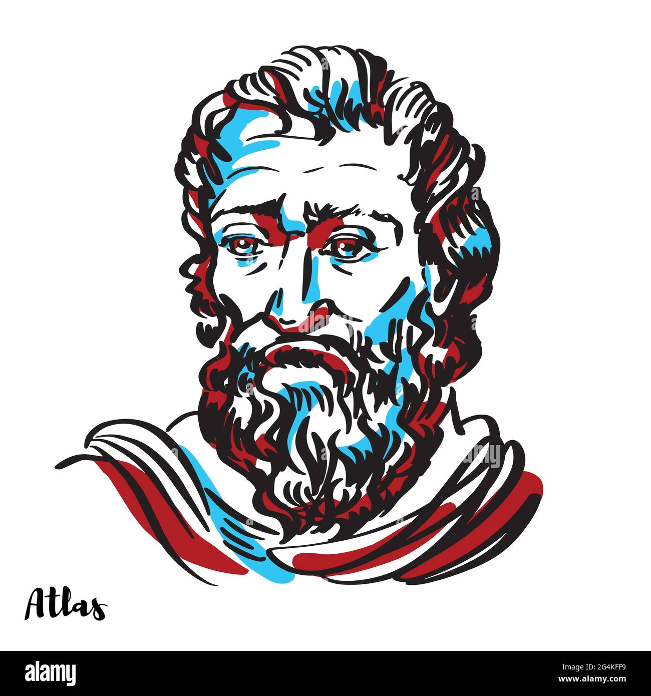 Portrait vectoriel gravé Atlas avec contours d'encre sur fond blanc. Dans la mythologie grecque, Atlas était un Titan condamné pour tenir les cieux célestes Illustration de Vecteur