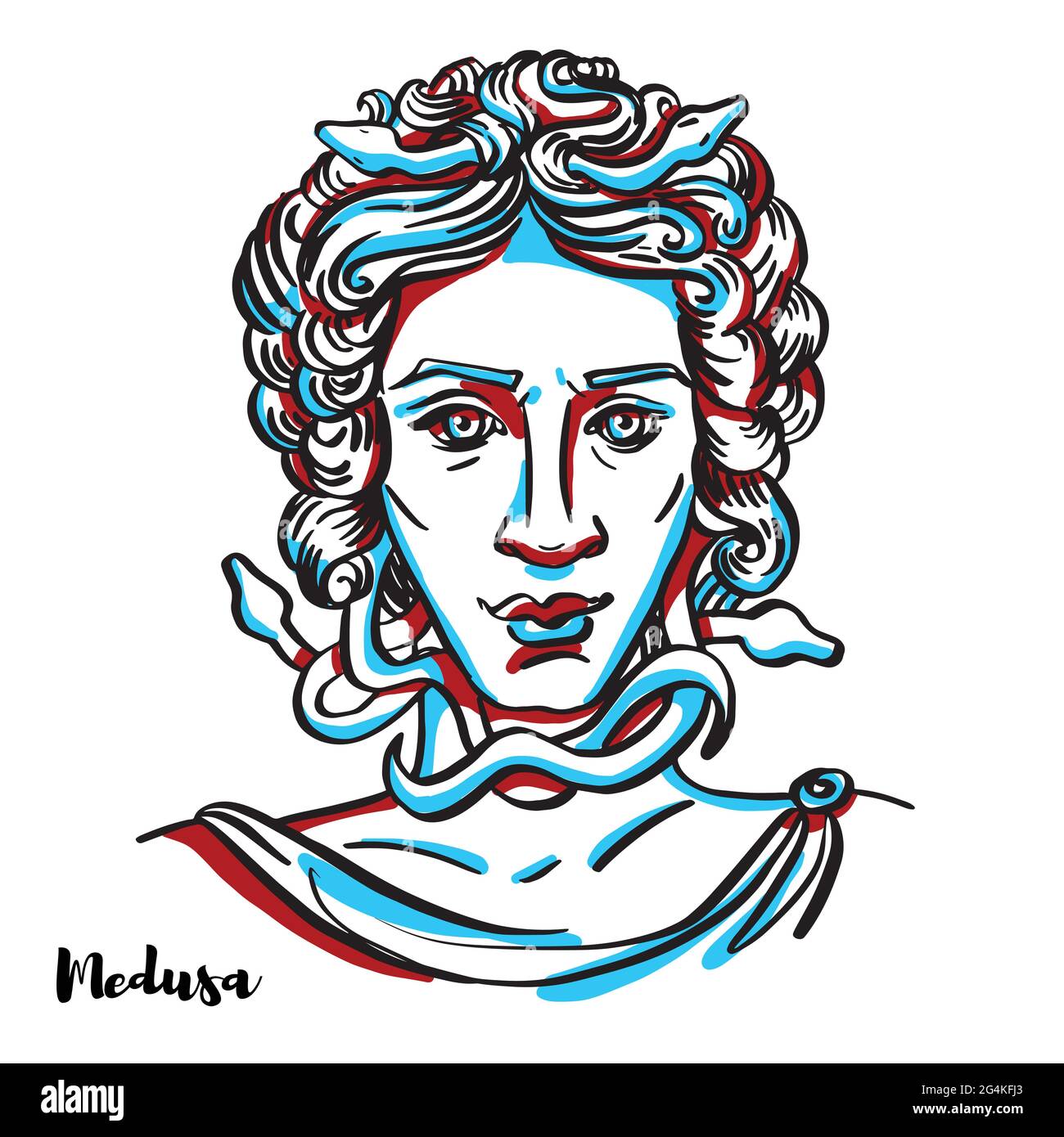 Portrait vectoriel gravé Medusa avec contours d'encre sur fond blanc. Dans la mythologie grecque, Medusa était l'un des trois Gorgons monstrueux, généralement de Illustration de Vecteur