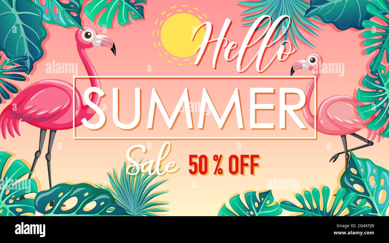 Bannière Hello Summer sale avec illustration de flamants roses et de feuilles tropicales Illustration de Vecteur