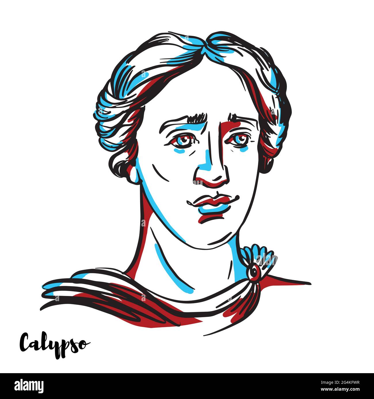 Portrait vectoriel gravé Calypso avec contours encreurs sur fond blanc. La nymphe dans la mythologie grecque, qui vivait sur l'île d'Ogygia, où elle de Illustration de Vecteur