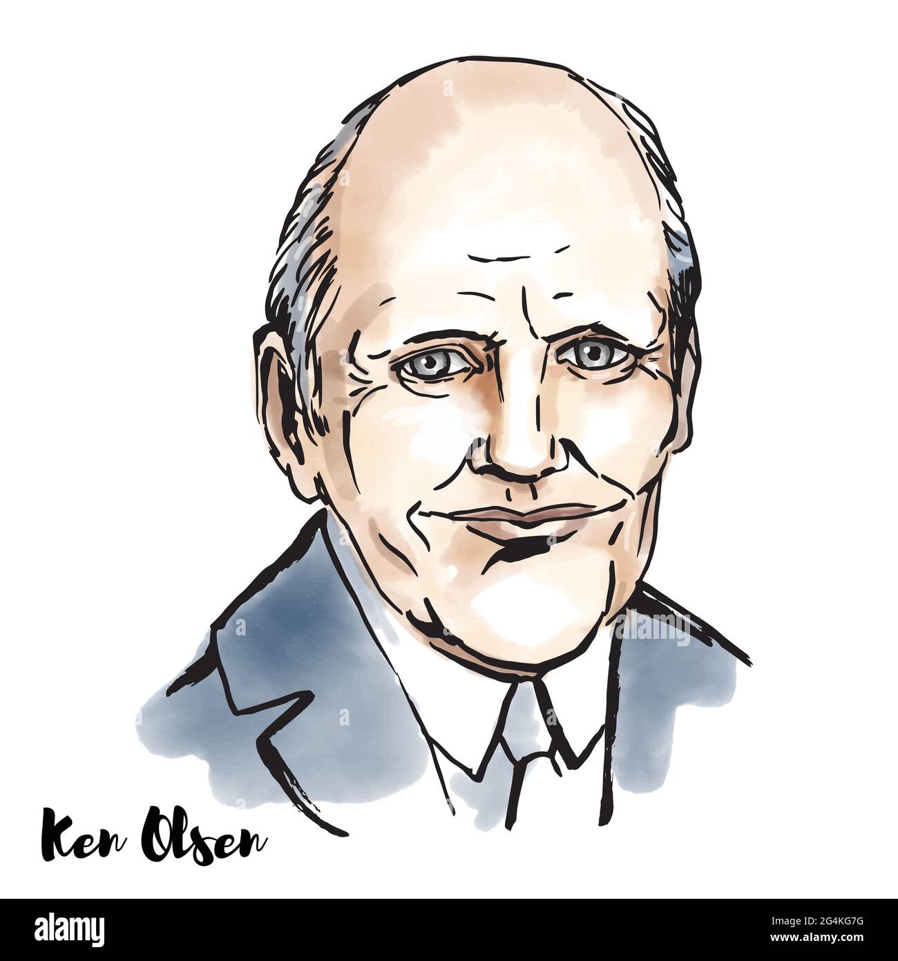 MOSCOU, RUSSIE - 23 février 2020 : portrait vectoriel d'aquarelle de Ken Olsen avec contours d'encre. Ingénieur américain qui a co-fondé Digital Equipment Corpora Illustration de Vecteur