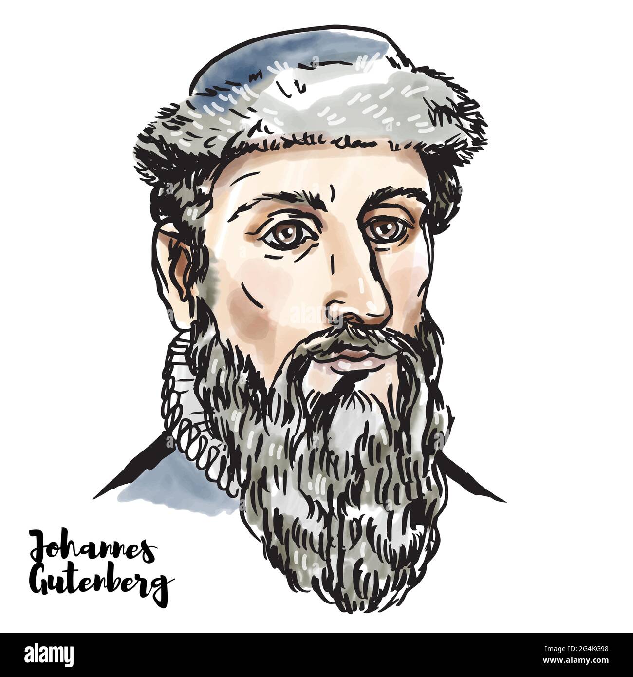 Johannes Gutenberg Portrait vectoriel en aquarelle gravé avec contours encreurs. Forgeron allemand, orfèvre, inventeur, imprimeur, et éditeur qui présente Illustration de Vecteur