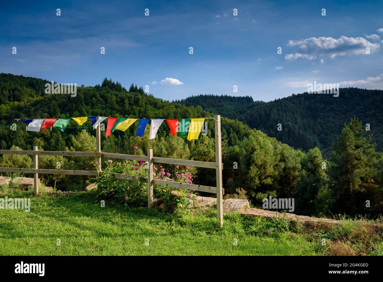 Drapeaux de prière tibétains dans la ferme de Solanells, en face de la châtaigne de l'Espinàs, dans les Guilleries (Espinelves, Gérone, Catalogne, Espagne) Banque D'Images