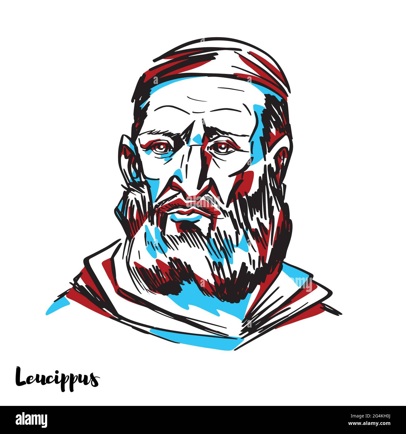 Portrait vectoriel gravé Leucippus avec contours encreurs sur fond blanc. Philosophe qui a été le premier grec à développer la théorie de l'atomisme — le Illustration de Vecteur