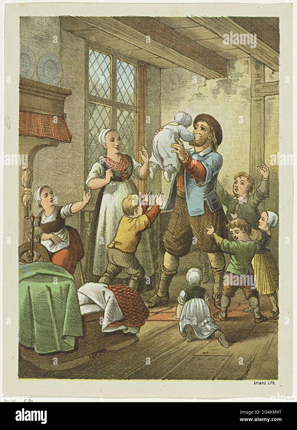 Un Pere Est Entoure De Sa Femme Et De Ses Enfants Il Leve L Un Des Plus Jeunes Enfants A Son Visage Les Autres Enfants Applaudissent Autour De Lui Dans La Chambre
