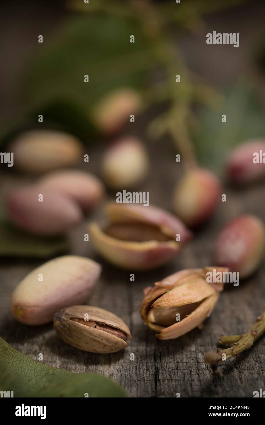 Pistache avec husk de Bronte Sicile sur bois Banque D'Images