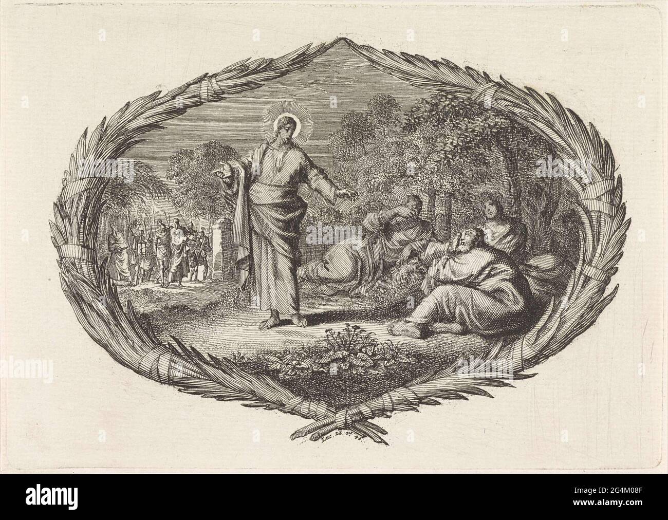 . Une performance dans une cartouche de branches de palmier. Christ dans le Hof van Getsemane. Il réveille les trois étudiants qui dorment. Les soldats et Judas apparaissent en arrière-plan. Sous la cartouche la référence biblique Luc. 22:46. Banque D'Images
