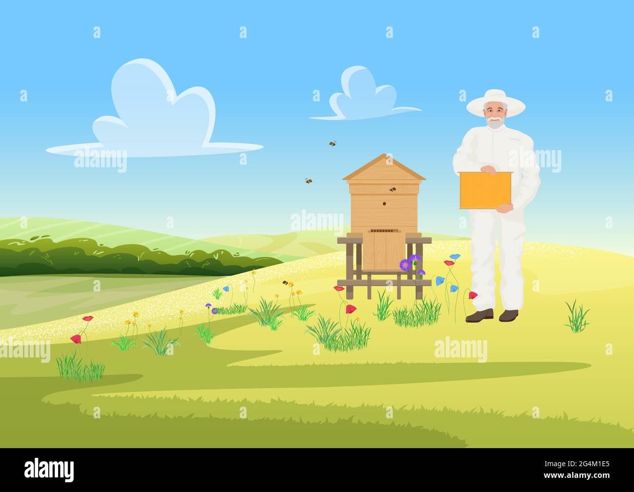 Les apiculteurs travaillent dans l'apiculture, l'agriculture agricole, le miel provenant de l'illustration vectorielle de ruches en bois. Homme de dessin animé en uniforme de protection, tenant le fond en nid d'abeille Illustration de Vecteur