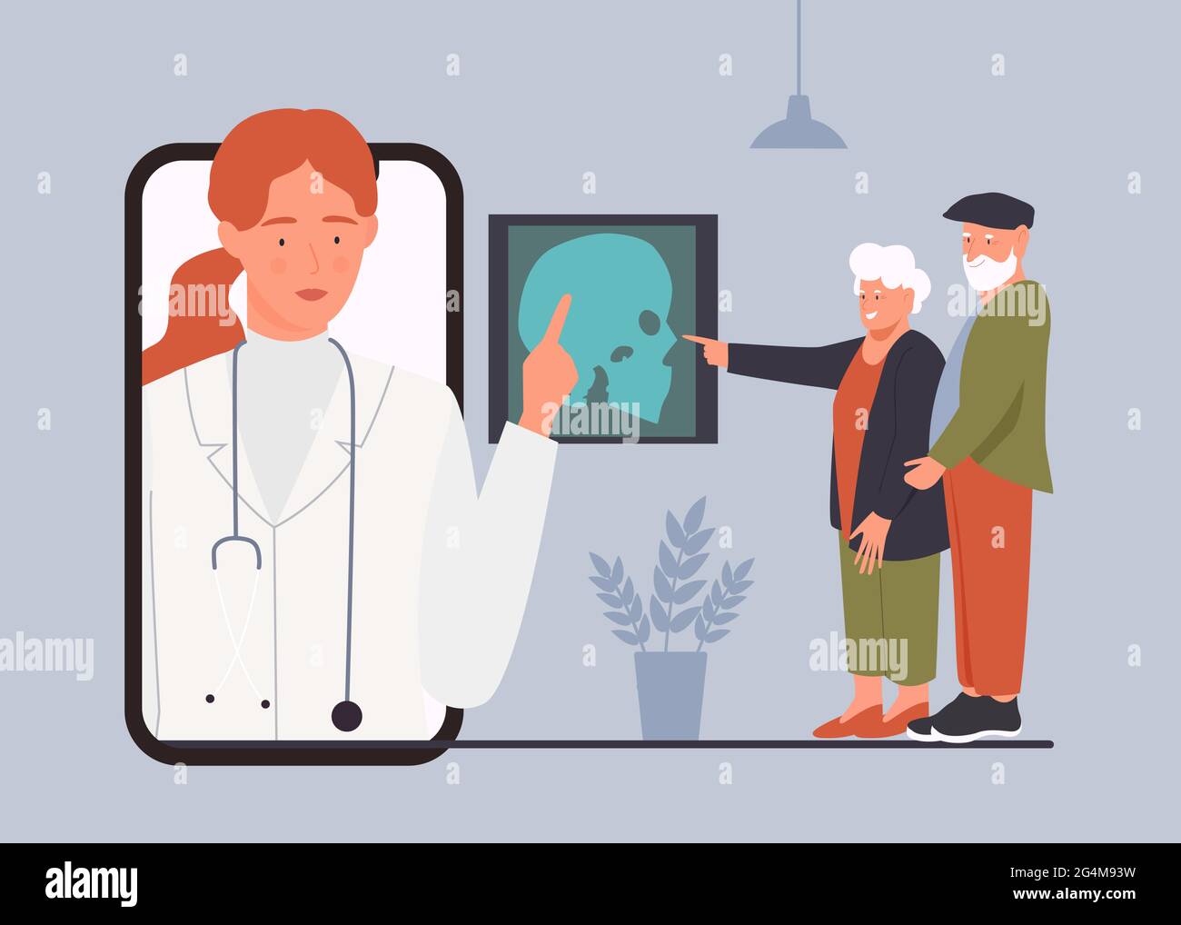 Personnes âgées patients sur appel vidéo médecin rendez-vous illustration du vecteur. Caricature femme professionnelle médecin professionnel personnage consultant couple senior via smartphone, expérience diagnostique par rayons X. Illustration de Vecteur