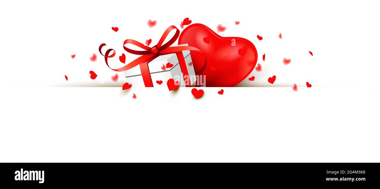 Boîte cadeau enveloppée de coeur rouge brillant et de confettis coeur partiellement caché derrière une bannière. Illustration de Vecteur