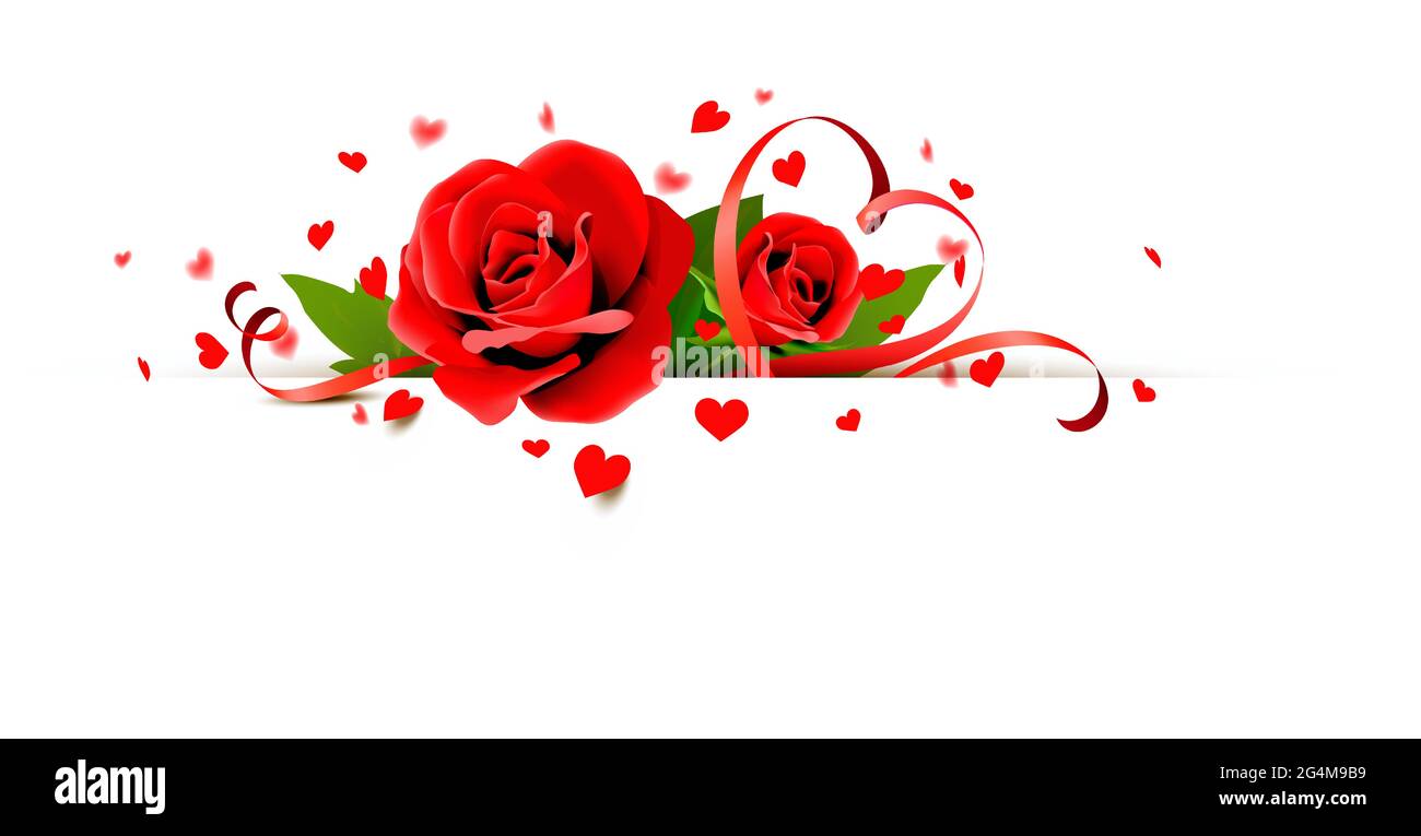 Bouquet de roses rouges avec ruban en forme de coeur et confettis en forme de coeur Illustration de Vecteur