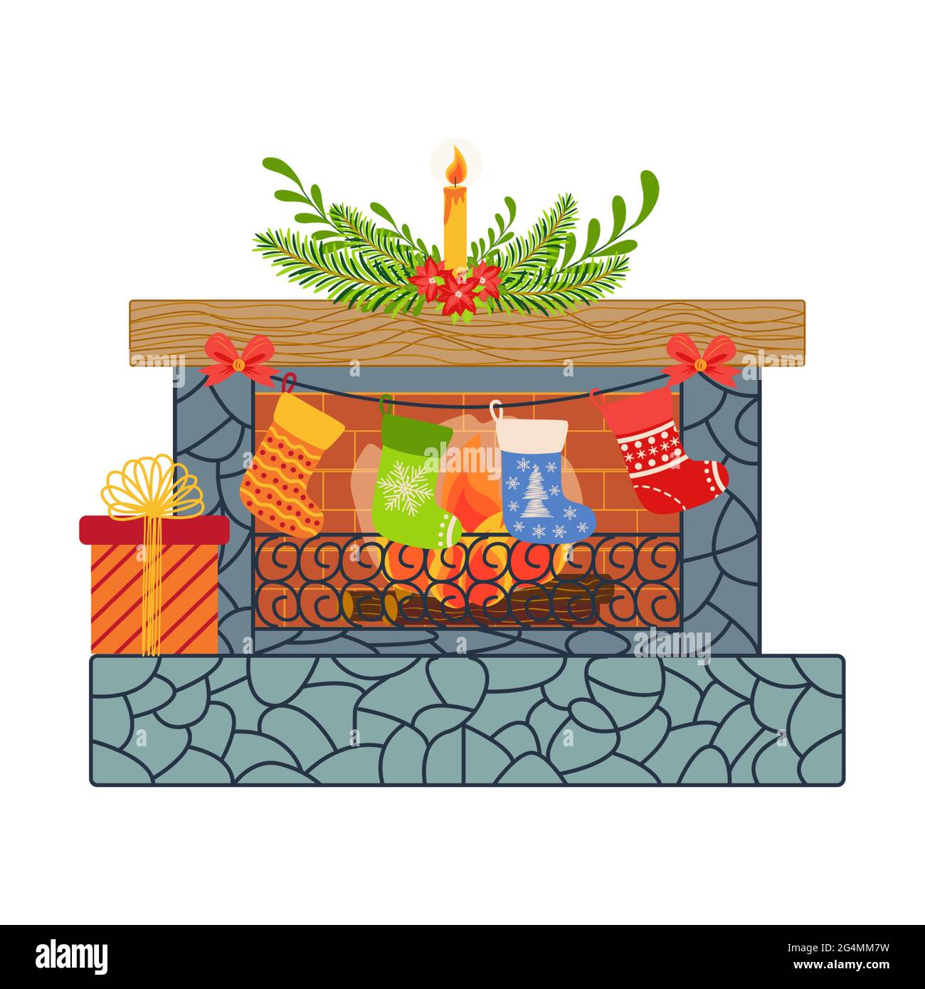 Joyeux Noël Happy New Year Flat Interior pour la maison salon. Décorations, couronne sur le mur au-dessus de la cheminée, bas de Noël rouges. Sapin, cadeau Illustration de Vecteur