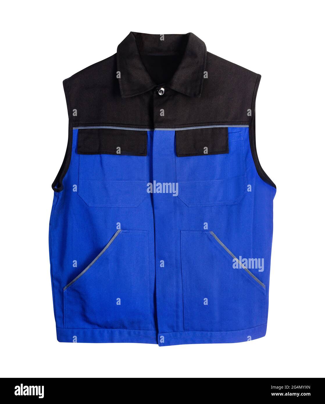Photo isolée de la veste de travail sans manches de couleur bleue sur fond blanc. Banque D'Images