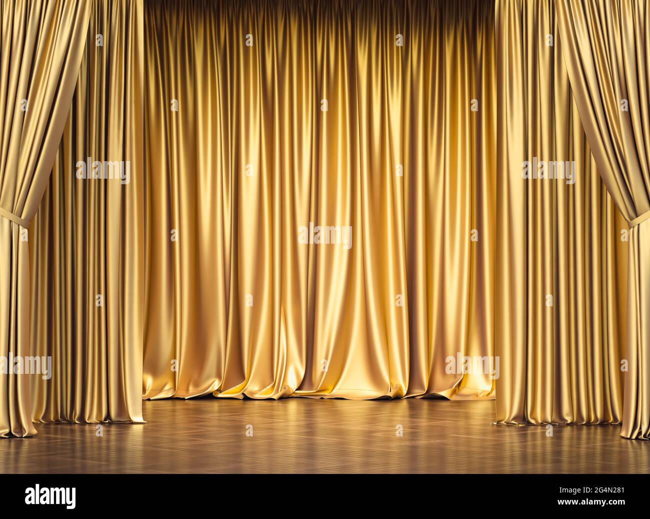rideaux dorés et parquet. rendu 3d. concept d'exclusivité Banque D'Images