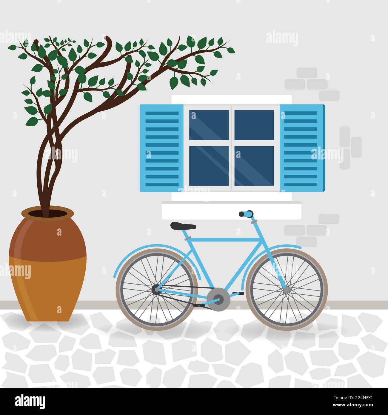 Vélo près d'un mur avec fenêtre et plante dans un pot Illustration de Vecteur