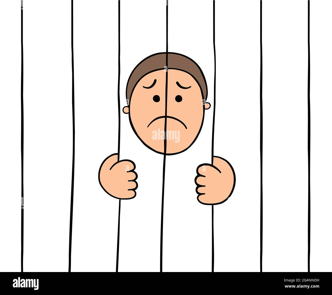 Dessin animé prisonnier tenant des barreaux de prison, illustration vectorielle. Contours colorés et noirs. Illustration de Vecteur