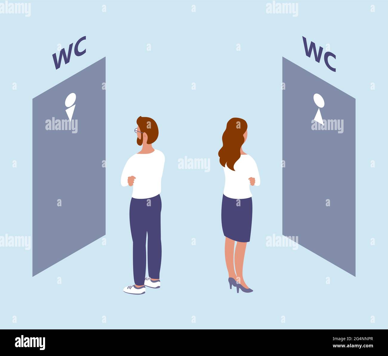 Un homme et une femme se tiennent devant les portes des toilettes. WC mâle et femelle. En attendant leur tour. Illustration isométrique vectorielle Illustration de Vecteur