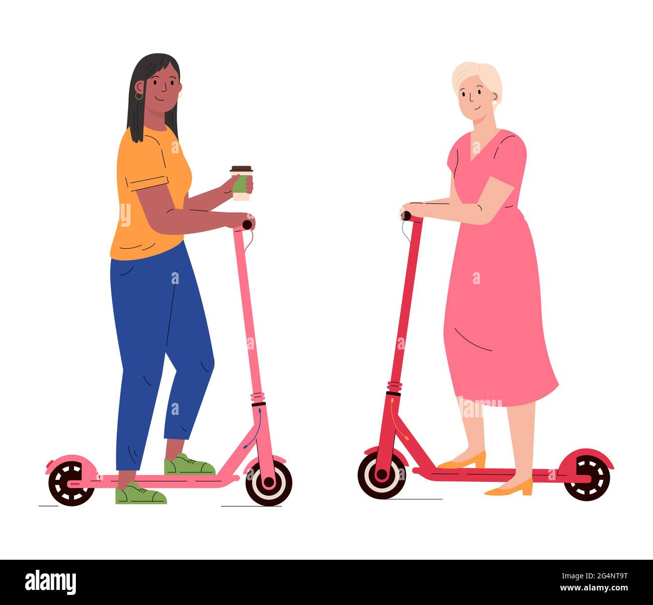 Femmes avec des scooters électriques de marche. Illustration de Vecteur