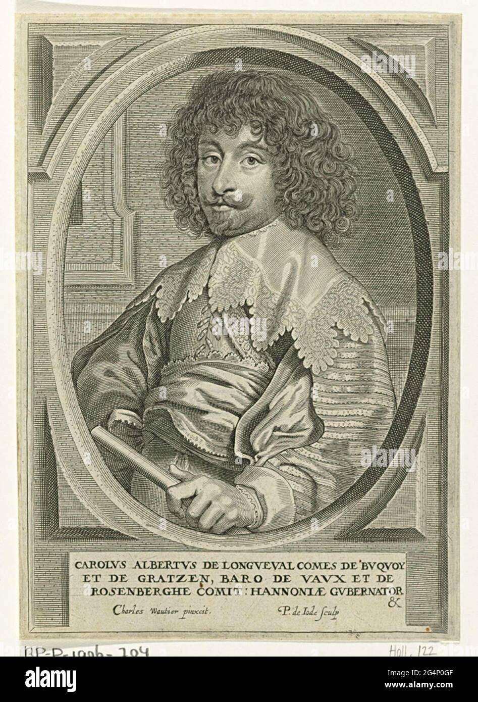 . Portrait de Charles Albert de Longueval, comte de Bucquoy, en deux. Dans sa main gauche, il détient un commandement. Le portrait est pris dans un cadre ovale avec un bord carré. Dans la marge une légende à trois pattes en latin. Banque D'Images