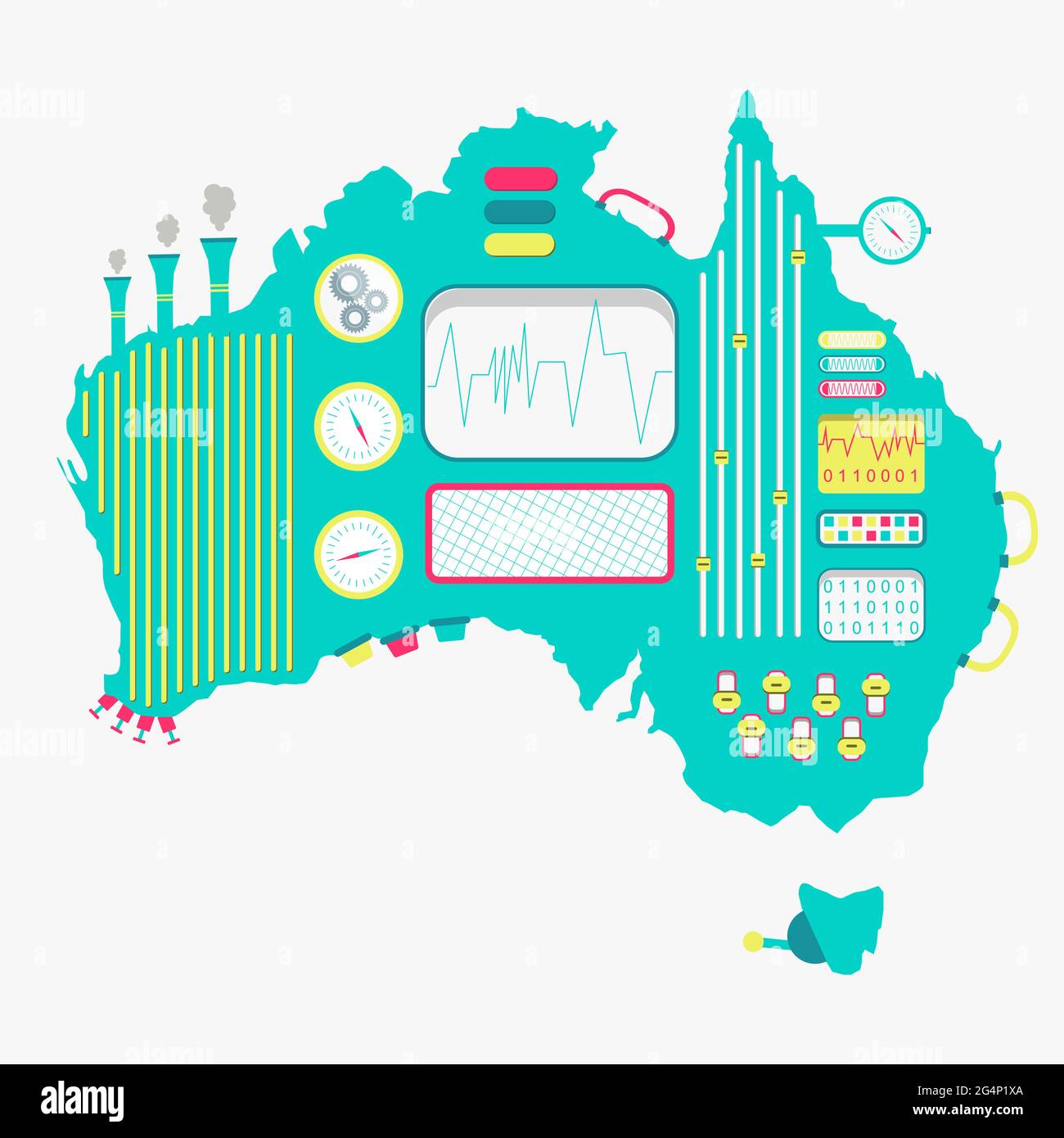 Carte de l'Australie comme une machine mignonne avec des boutons, des panneaux et des leviers. Isolé. Arrière-plan blanc. Illustration de Vecteur