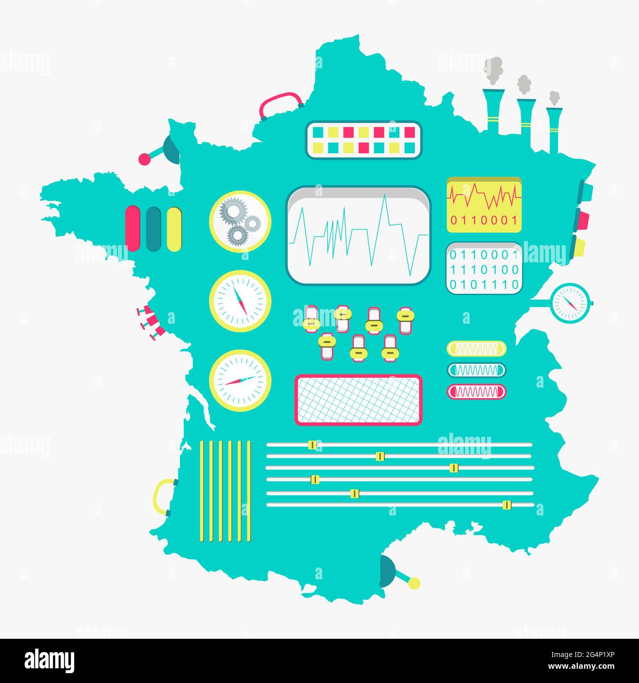 Carte de France comme une machine mignonne avec des boutons, des panneaux et des leviers. Isolé. Arrière-plan blanc. Illustration de Vecteur