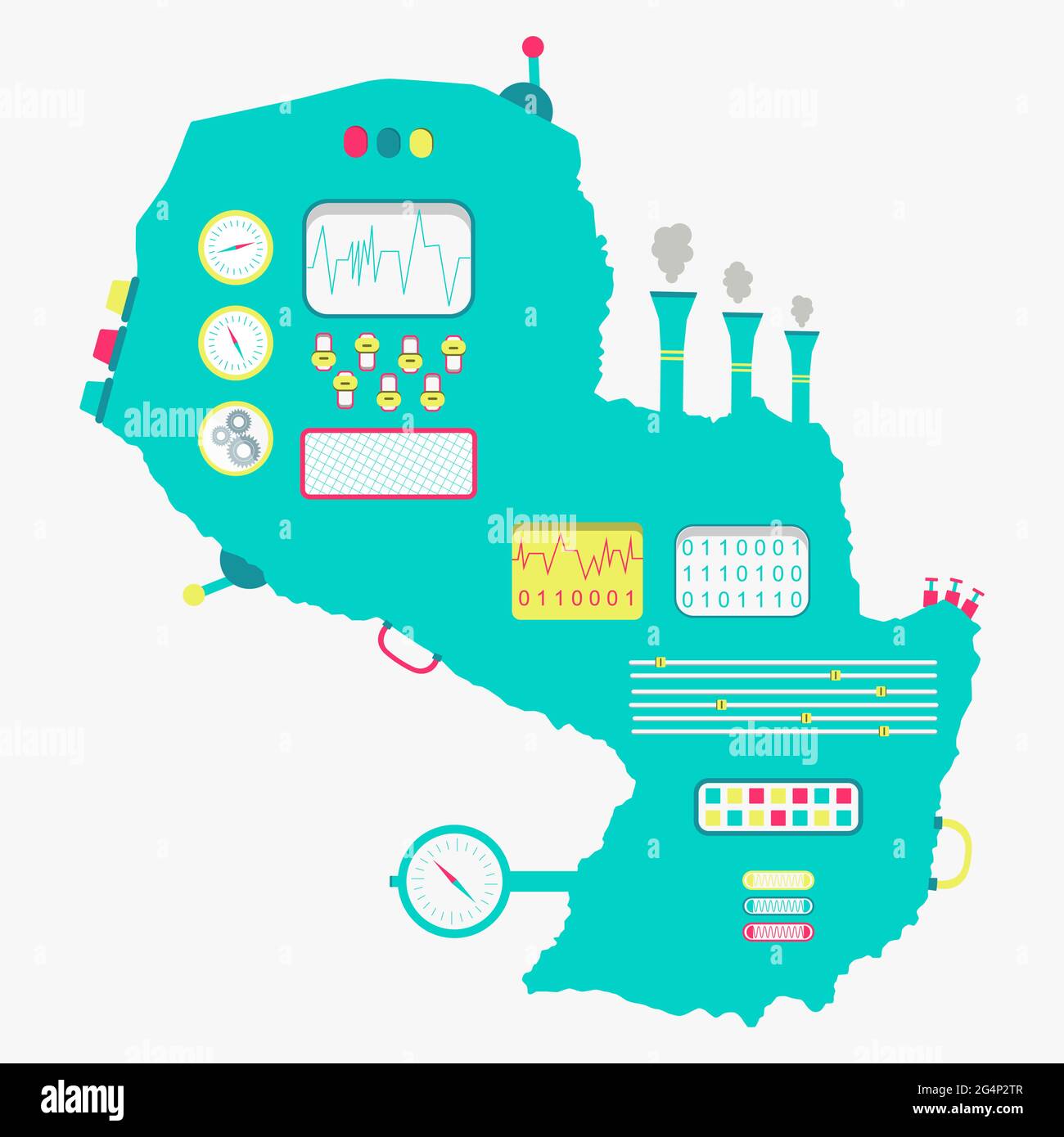 Carte du Paraguay comme une machine mignonne avec des boutons, des panneaux et des leviers. Isolé. Arrière-plan blanc. Illustration de Vecteur