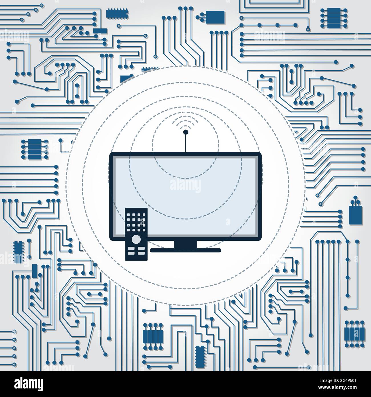 Arrière-plan du circuit électronique. Téléviseur avec antenne et émission de ondes. Illustration de Vecteur