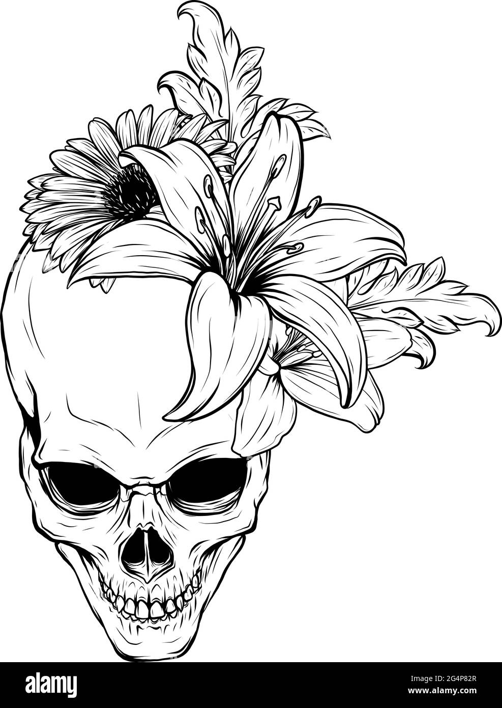 Motif illustration de la tête de mort humaine et des fleurs vectorielles Illustration de Vecteur