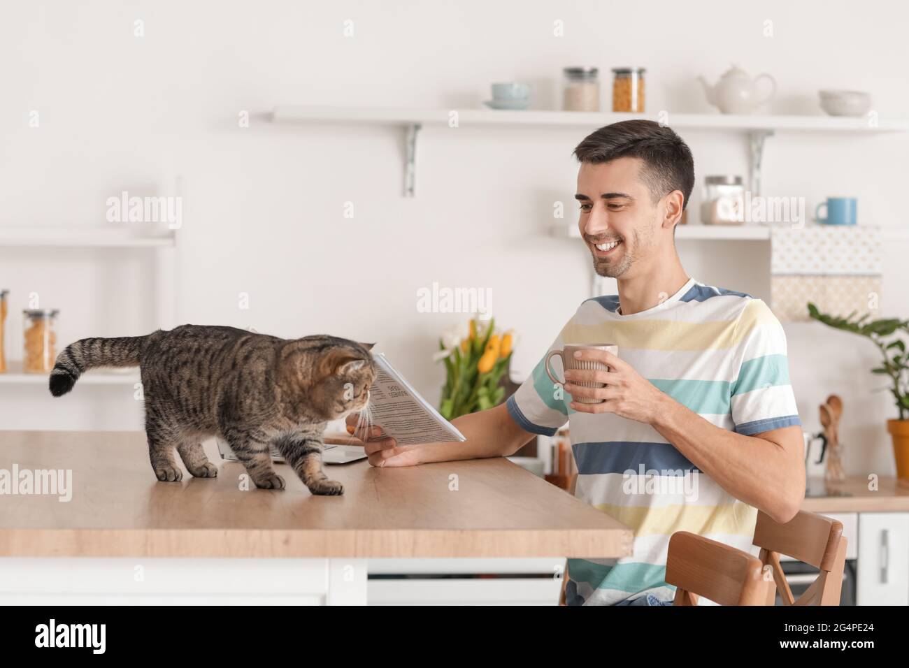 Jeune Homme Avec Chat Mignon Lisant Le Journal Dans La Cuisine Photo Stock Alamy