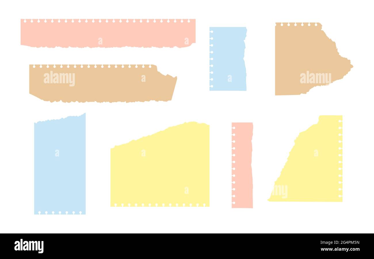 Jeu de papier couleur et artisanal déchiré. Feuilles déchirées de formes différentes. Modèles vides avec bord effiloché et perforation pour les éraflures, rappel, remarque. Feuille de notes pour album. Illustration vectorielle isolée Illustration de Vecteur
