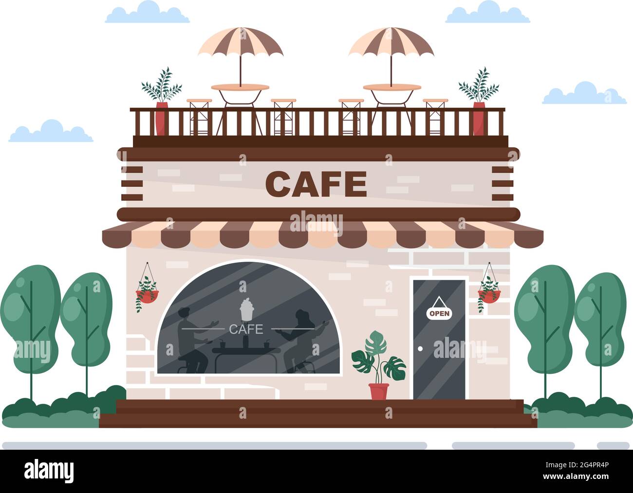 Illustration du café ou du coffeehouse avec panneau ouvert, arbre et extérieur de l'atelier de bâtiment. Concept Flat Design Illustration de Vecteur