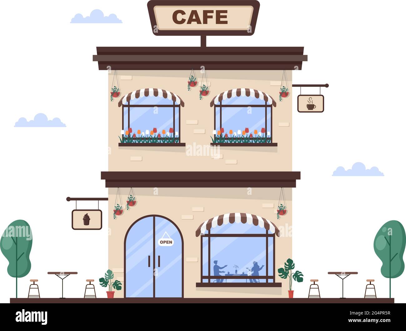 Illustration du café ou du coffeehouse avec panneau ouvert, arbre et extérieur de l'atelier de bâtiment. Concept Flat Design Illustration de Vecteur