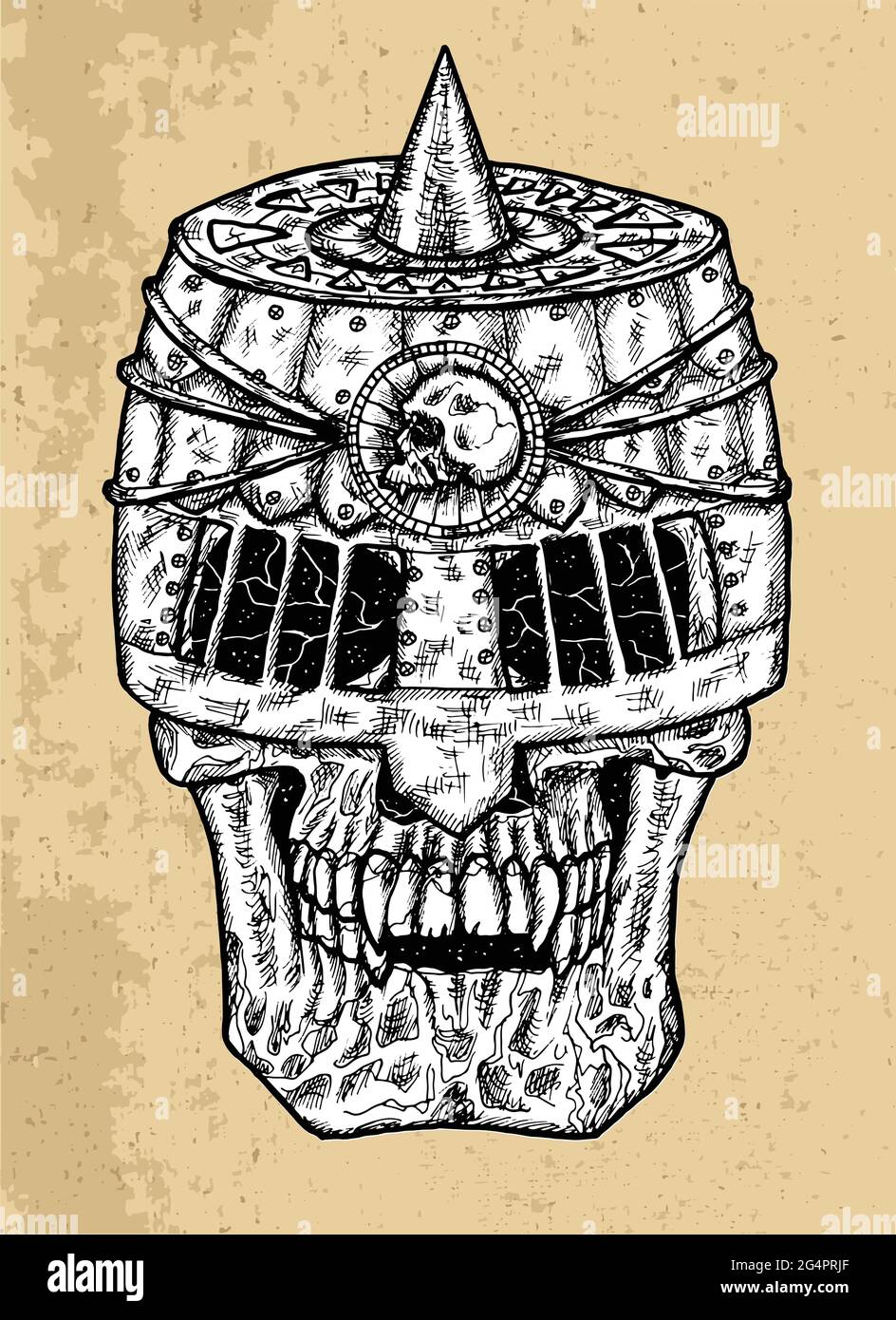 Illustration noire et blanche texturée et effrayante du crâne vectoriel portant une barre de chevalier. Dessin isolé mystique pour Halloween avec ésotérique, gothique, occulte Illustration de Vecteur